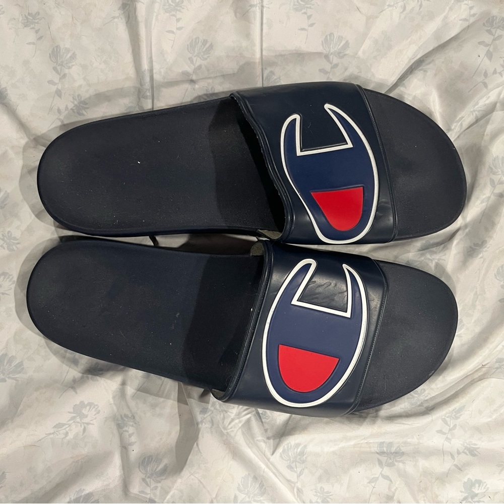 Champion Navy Slides with Red and White Logo
